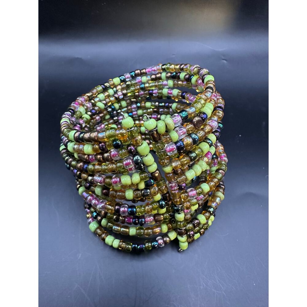 Purple Green Wide Cuff Bracelet Seed Bead Boho Wire Chunky Costume Jewelry